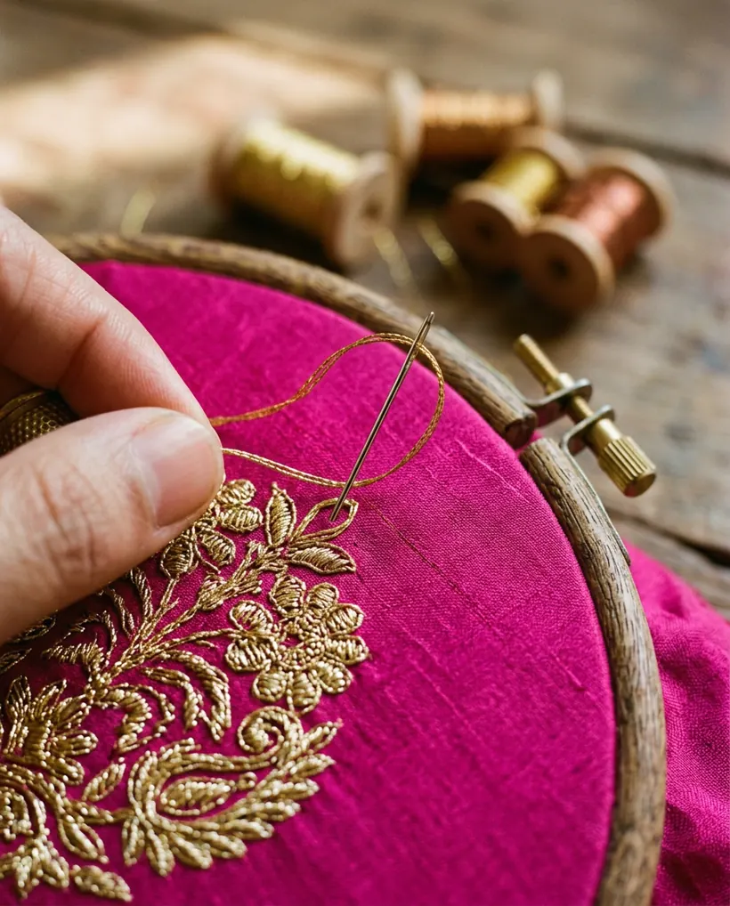 Extreme close-up of gold zari embroidery being stitched on fuchsia silk fabric