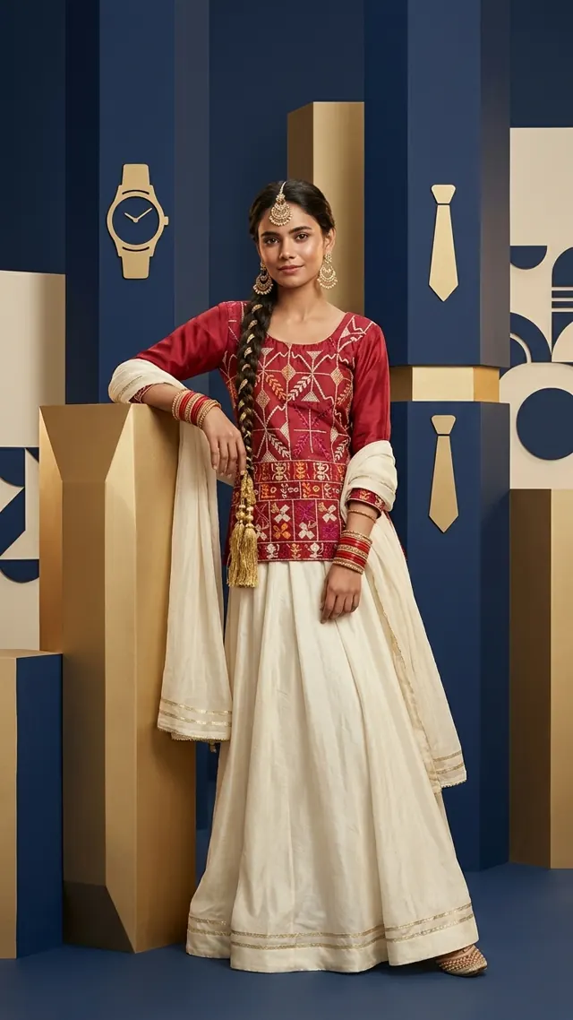 Woman modeling Kesari Crimson & Ivory Festive Ensemble with flowing skirt