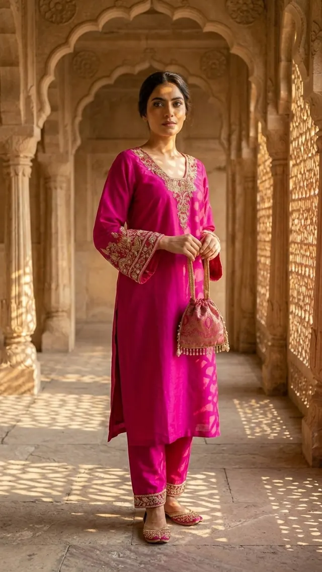 Woman holding potli bag wearing Gulbahaar Fuchsia Silk Suit Set in Fuchsia Pink