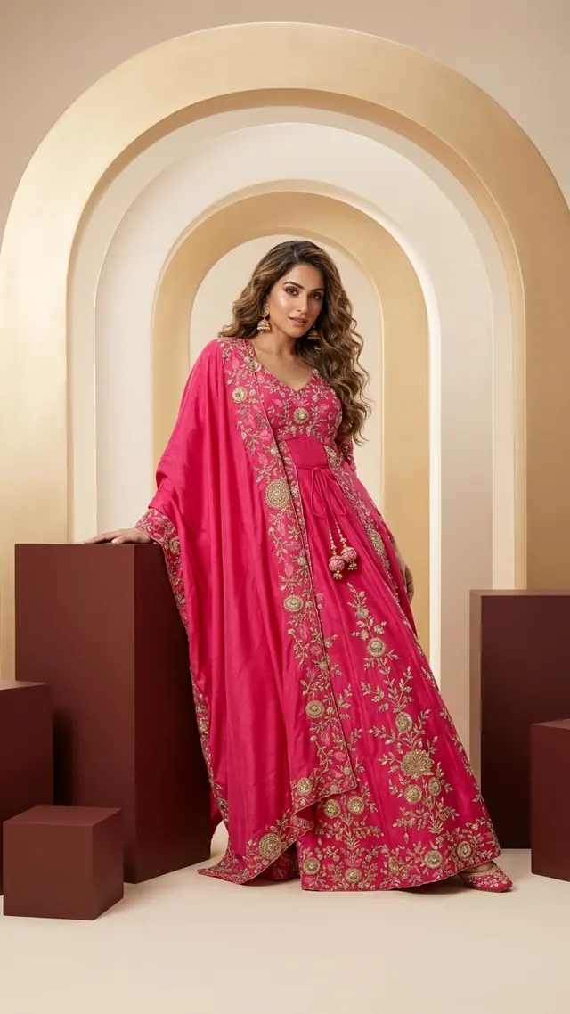 Woman posing in Noor-E-Rani Embroidered Suit Set in Rani Pink
