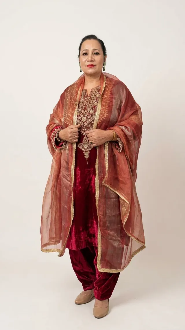 Woman posing in Kesari Velvet Punjabi Ensemble in Ruby Red with gold embroidery